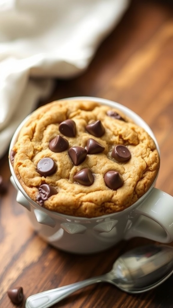 Quick Microwave Chocolate Chip Cookie A chocolate chip cookie in a mug, warm and gooey, with chocolate chips melting on top.